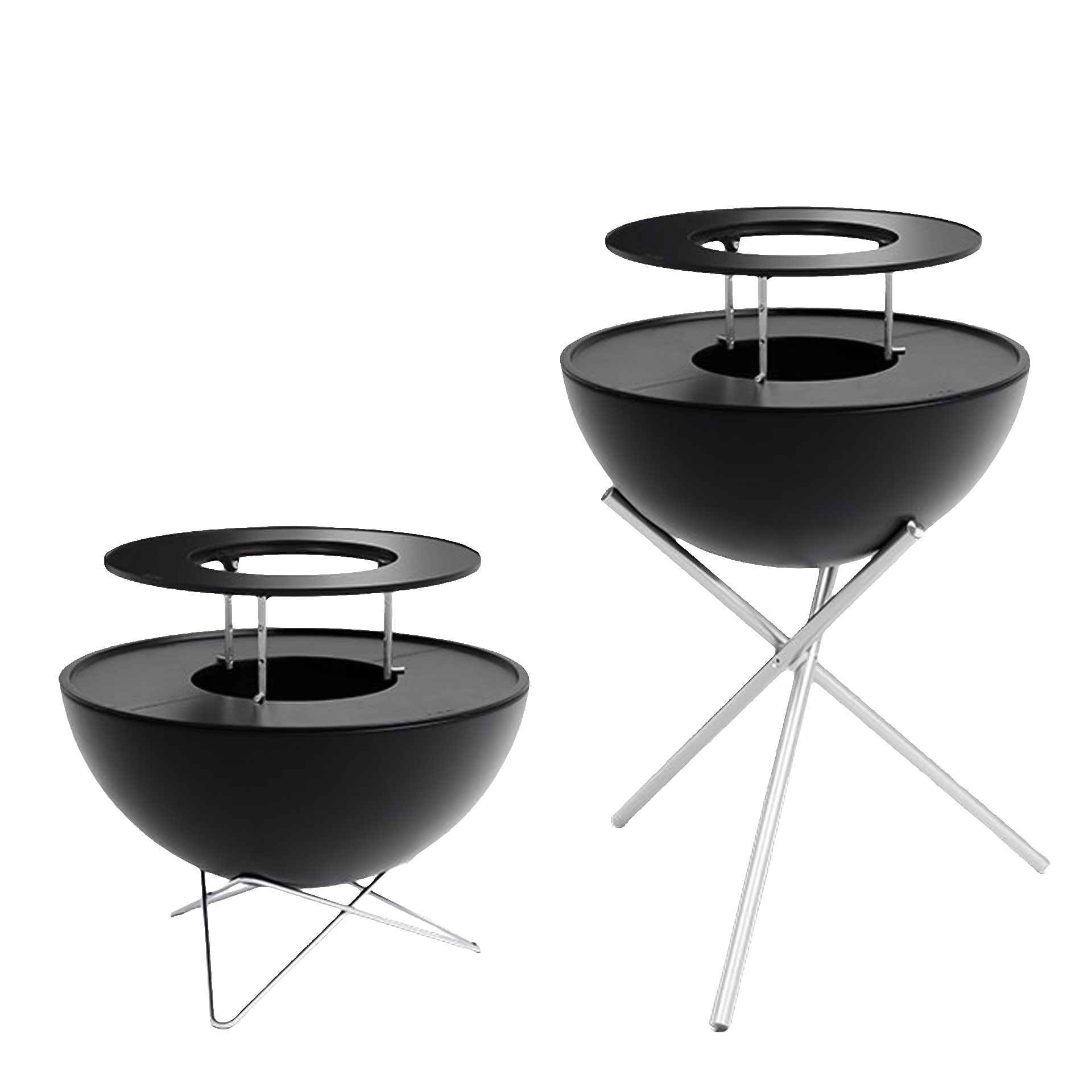 Warming ring 57, Schalenkamin, Beistelltisch-Variante, Schwarz, Metallbeine, Kaminofen-Skizze